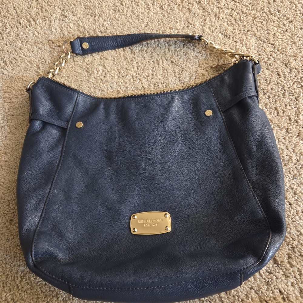 Michael Kors Dark Blue Hobo Bag with Gold Accents